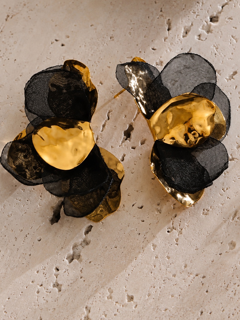 Gold And Black Petal Drop Earrings